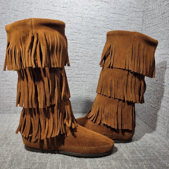 Minnetonka Moccasins 3 Layer Fringe Women's Size 5 Brown Suede Calf High Boots - Picture 8 of 10